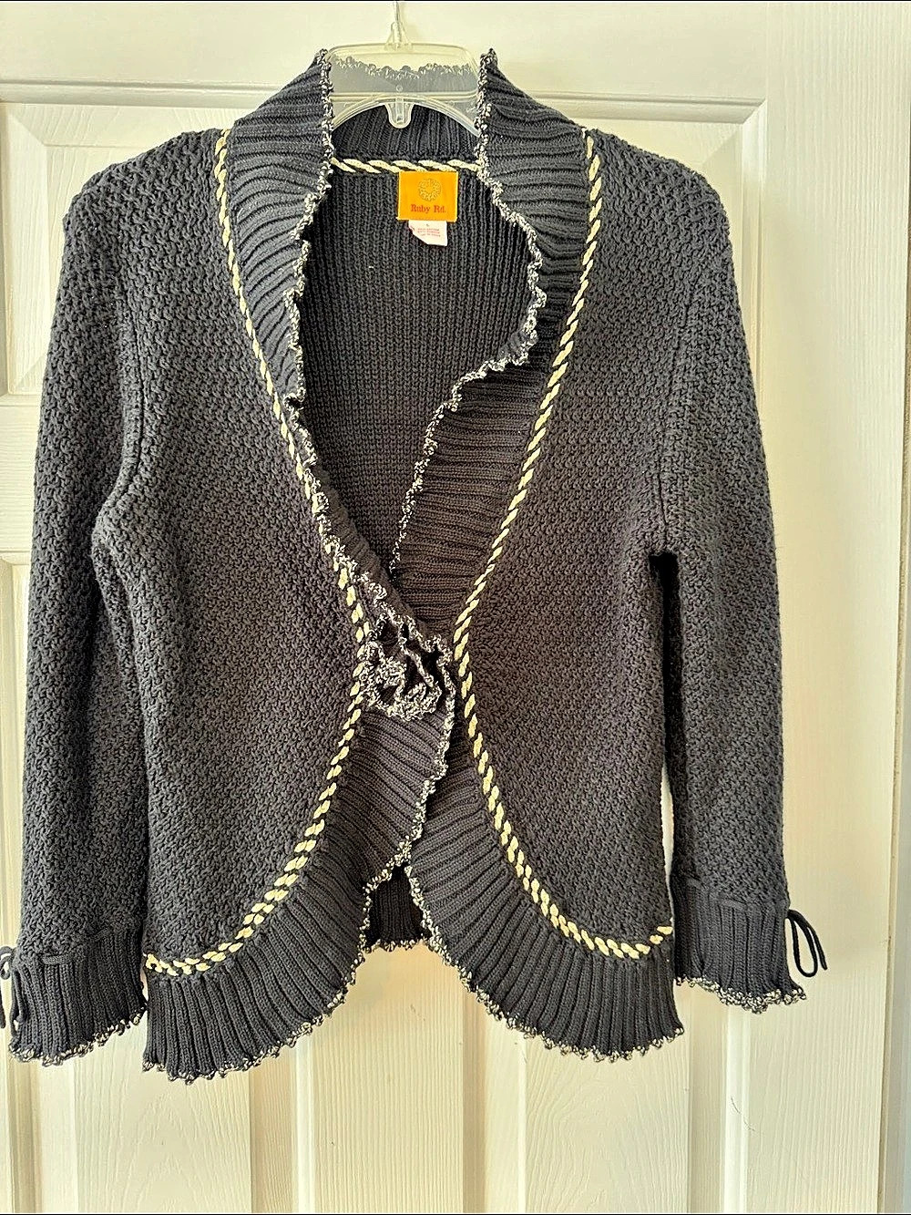 Ruby Rd. Black with Gold Fringe Trim Cardigan Size Large